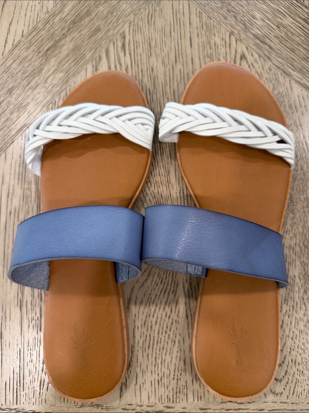 Universal Thread Two-Band Slide Sandals in Brown, White and Blue